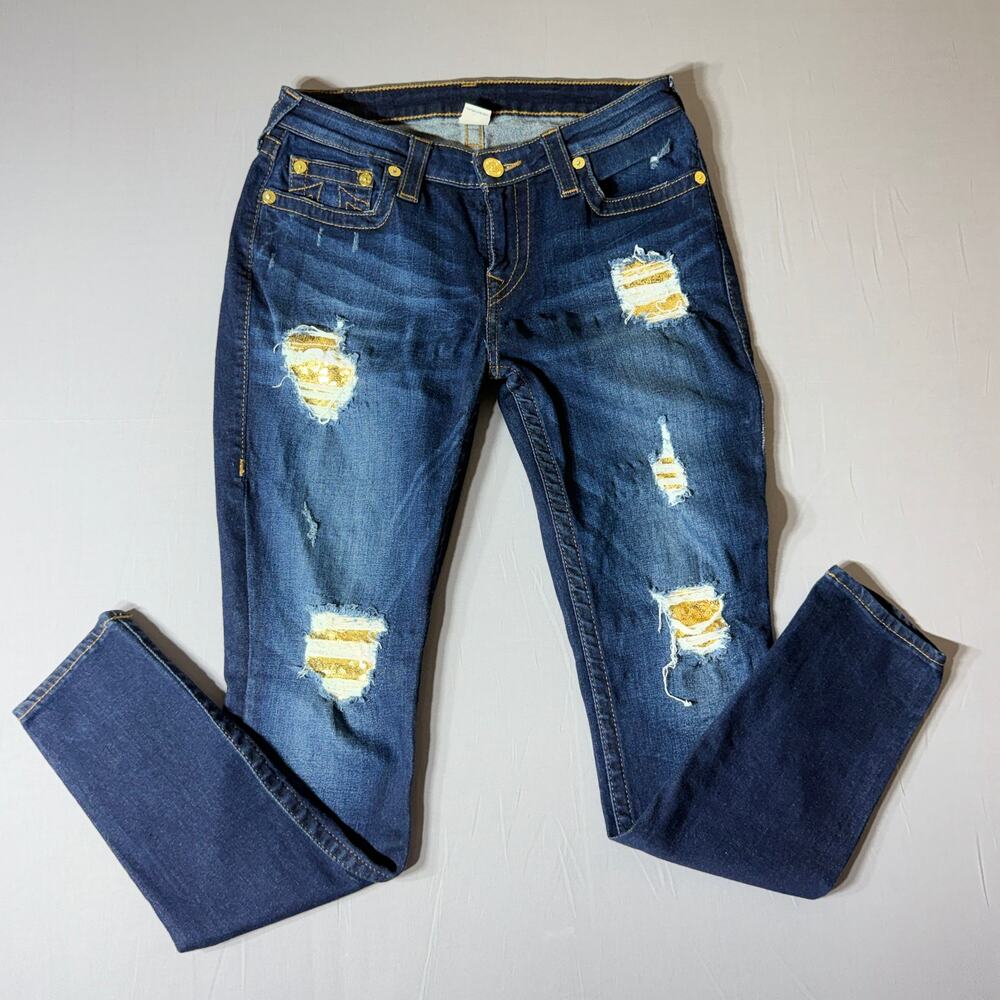 True Religion Women's Distressed Gold Sequin Skinny Jeans Size 29 Dark Wash